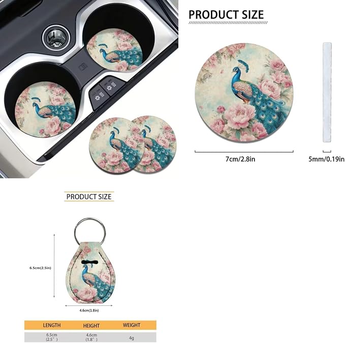 Suobstales Peacock Flower Print Car Accessories with Car Front Rear Split Seat Covers, Seat Belt Pads + Steering Wheel Cover + Coaster + Keyrings for Women Set of 11-Pcs