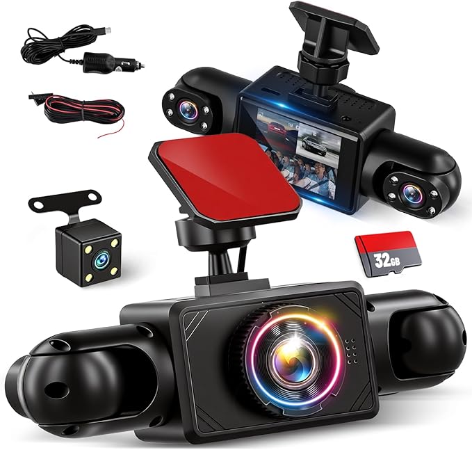 NHOPEEW 4 Channel Dash Cam 360° Front and Rear Inside Left Right, Dash Camera for Cars, Built-in Night Vision, Sensitive Motion Detection, Motion Detection, Parking Mode, Loop Recording + 32G TF Card