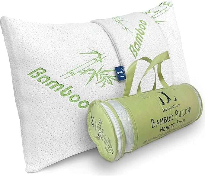 DreamField Linen Memory Foam Bamboo Pillow Queen Size - [Adjustable] for Sleeping - Cool & Breathable Cover with Zipper Rayon Derived from Bamboo - Relieves Neck Pain - Back/Stomach/Side Sleeper