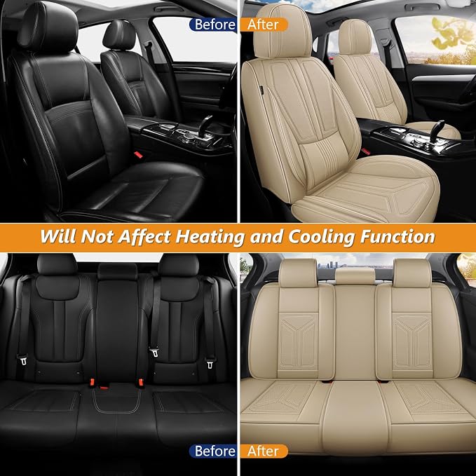 otoez Car Seat Covers Full Set, 5 Seats Nappa Leather Seat Cover for Car, Breatheable and Waterproof Seat Protector Full Coverage, Universal Automotive Seat Cushion for SUV Truck Seden, Beige