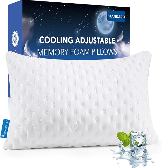 KUCEY Cooling Side Sleeper Pillow for Neck and Shoulder Pain, Luxury Shredded Memory Foam Curved Bed Pillows for Sleeping Set of 1- Adjustable Queen Size- Washable Cover Original White