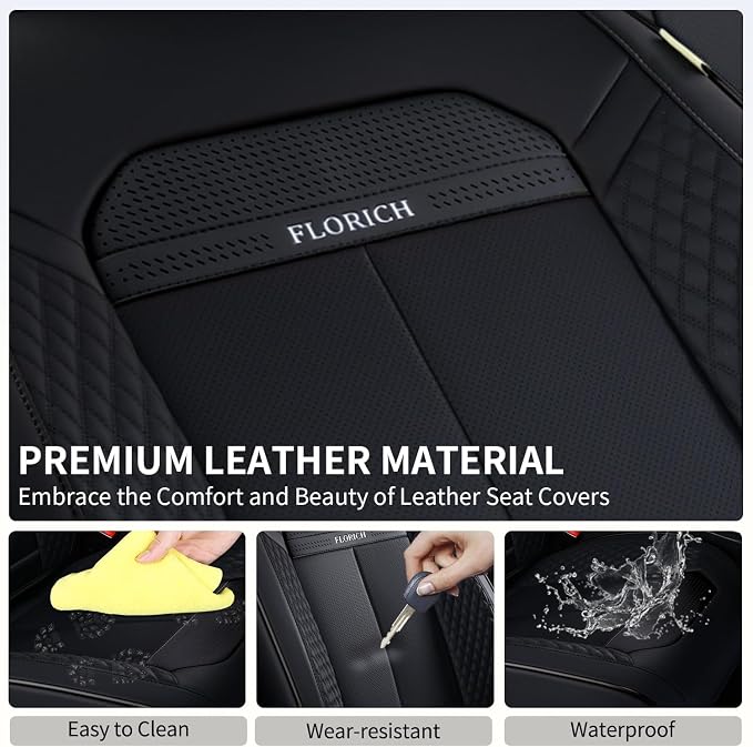 FLORICH 2pcs Car Seat Covers Front Set, Black Car Seat Cover, Breathable Premium Leather Seat Covers, Automotive Vehicle Seat Covers for Cars Trucks Vans SUVs Sedans (2 Packs, Black)