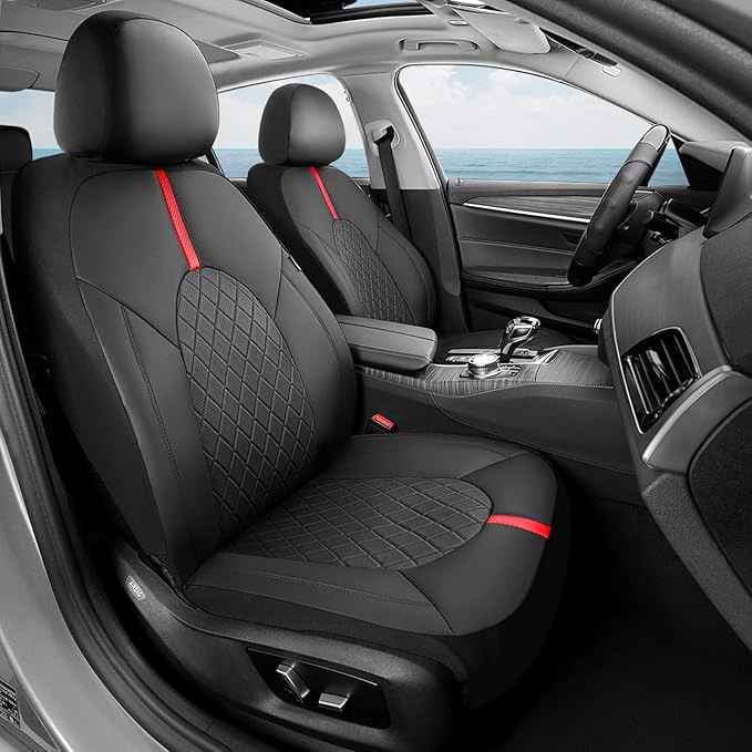 Coverado Car Seat Covers Full Set, Waterproof Front Seats Back Seat Cover, Leather Seat Cushion Universal Fit for Most Cars (Black-Red)