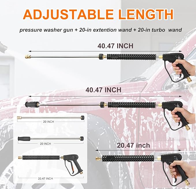 Pressure Washer Gun and Hose Kit,4000PSI Power Washer Gun with 26FT Power Washer Hose & 2 Extension Wands for Gas & Electric Pressure Washers,40 Inch Adjustable Length, M22 Fitting, 5 Nozzle Tips