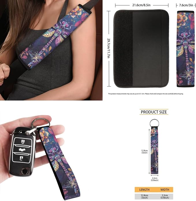 Boho Floral Dragonfly Auto Interior Accessories Car Seat Covers with Auto Steering Wheel Cover Seat Belt Covers Car Trash Can View Mirror Cover Coaster Keychains