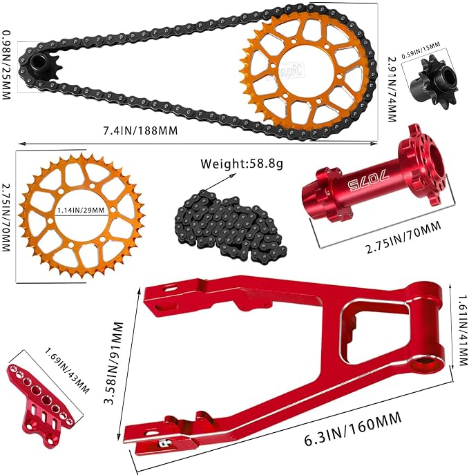 Steel Roller Chain&Rear Swing Arm&Rear Hub Chain Sprocket Gears&Front Sprocket&Chain Guard Protector&Rear Wheel Hub Hex Upgrades for L0Si 1/4 Promoto-MX Motorcycle RTR FXR,Red with Orange