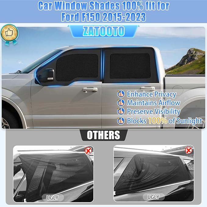 ZATOOTO Car Window Shades for Ford F-150 2021-2024 Car Window Covers Blackout | Double-Layer with Zipper | Airflow and Privacy F-150 Window Screen with Storage Bag for Camping Napping Traveling