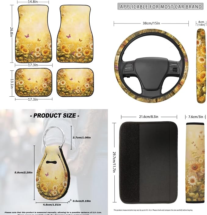 18 PCS Butterfly Sunflower Car Interior Accessories Set for Women, Car Seat Covers with Steering Wheel Cover Floor Mats Armrest Pad Seat Belt Pads Roof Handle Wraps Cup Coaster Keychain