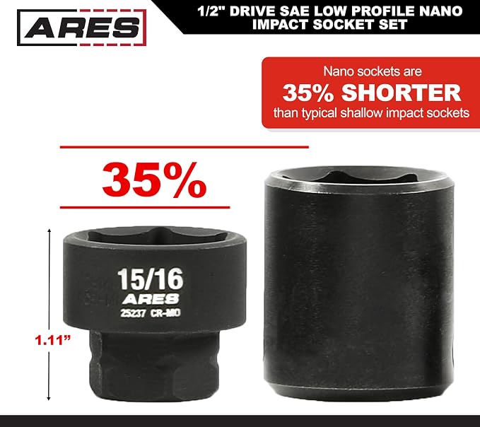 ARES 29021 – 11-Piece 1/2-Inch Drive SAE Low Profile Nano Impact Socket Set – Impact Grade Sockets Offer Greater Clearance Than Typical Shallow Sockets – Includes Aluminum Storage Rail