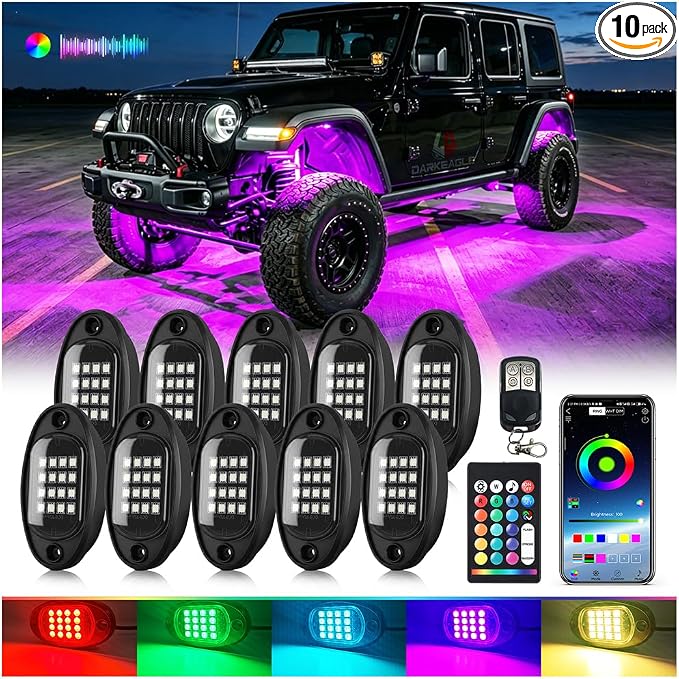 10Pods RGB LED Rock Lights Kit with APP/RF Remote Control, Segmented LED Underglow Lights Multi Zone Neon Exterior Light Multicolor 12v Waterproof for Truck Jeep UTV ATV Golf Cart Offroad SXS