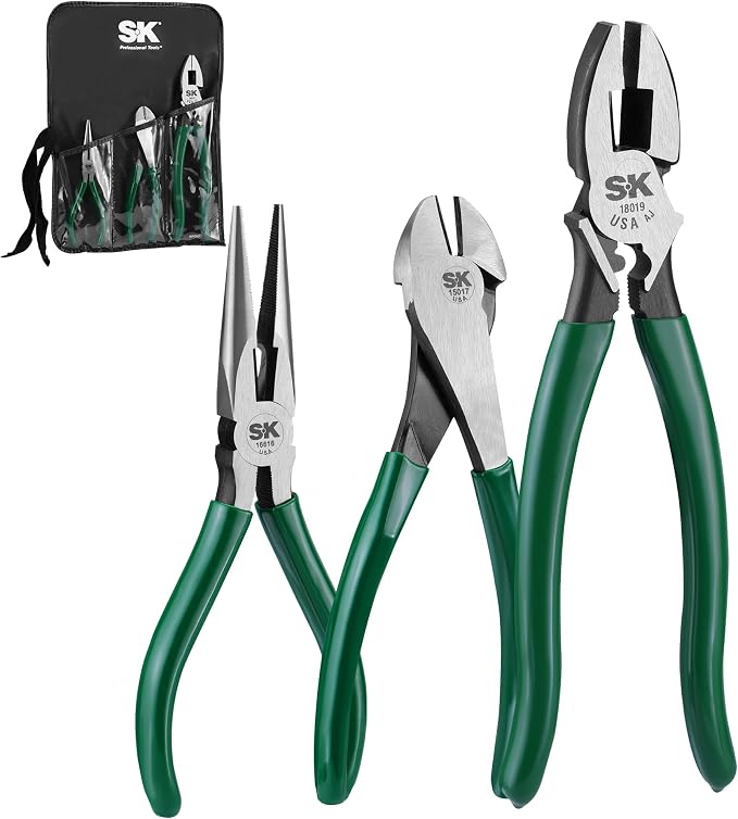 SK Tools USA 3 Piece Pliers Set: Diagonal Cutting, Long Nose Cutting, Linesman | 17842