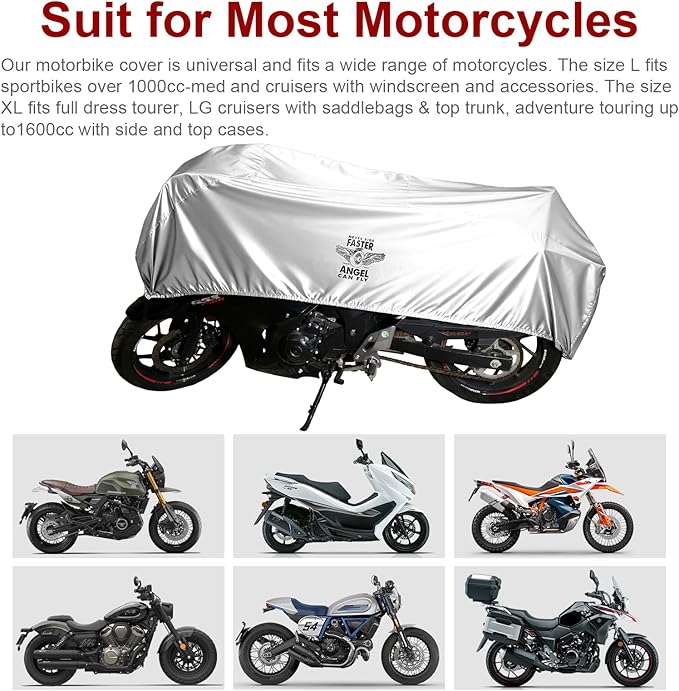 Dream Apparel Motorcycle Half Cover, Waterproof Motorcycle Cover for Outdoor, Rain Snow Dust Protection Universal Fit Heavy Duty Motorbike Vehicle Cover with Storage Bag, Silver with Wing Wheel XL