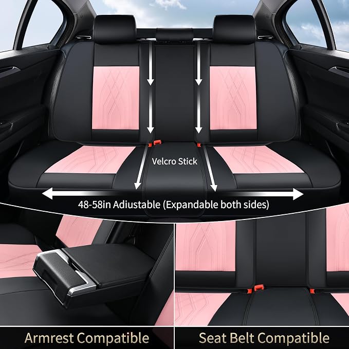 FLORICH Leather Cars Seat Covers Full Set Pink Car Seat Covers Front and Rear Seat Covers for Car Waterproof Vehicle Seat Interior Cover Universal Fit for Most Car Truck SUV, Black&Pink
