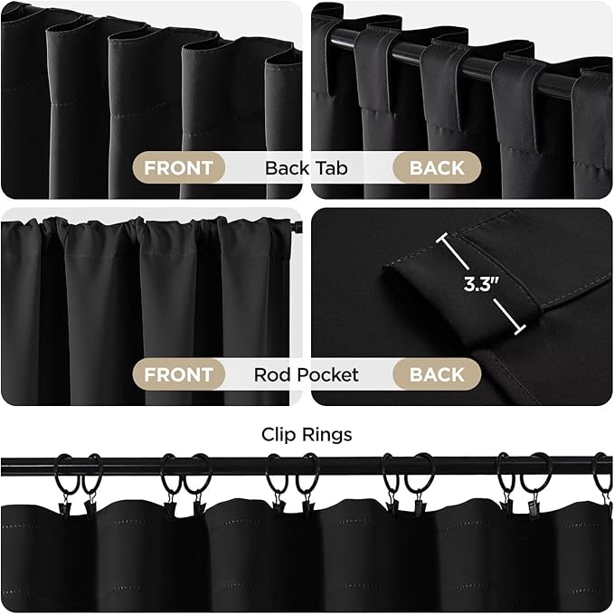 Joydeco 72 Inch Blackout Curtains for Bedroom, Thermal Insulated Black Out Curtains, Room Darkening Drapes for Living Room Window Rod Pocket Back Tab (W37 x L72 Inch, Black)