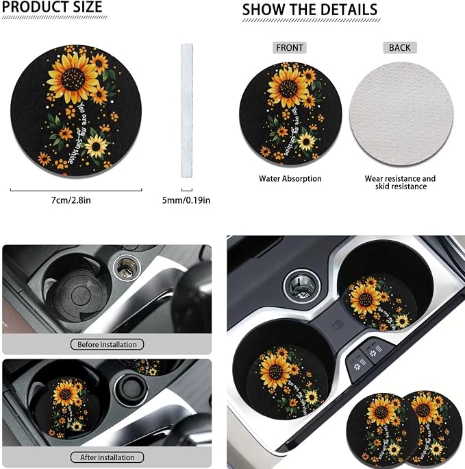 POLERO Sunflower Car Seat Covers for Women Floral Steering Wheel Cover You are My Sunshine Seatbelt Covers with Dog Paws Print Coasters Cute Keychains, 11pcs