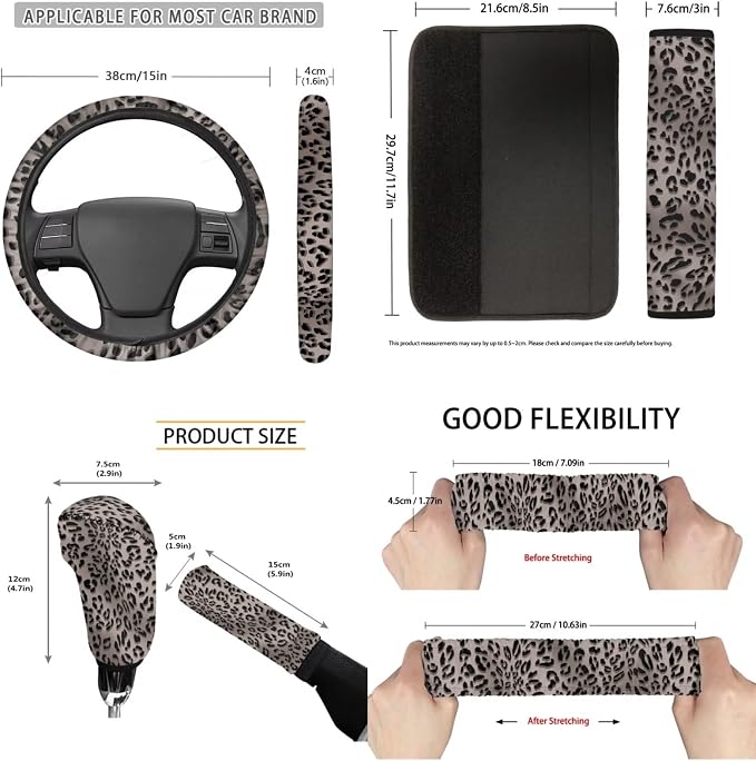 Gray Leopard Print 11 Pack Car Seat Covers Full Set Car Front Seat Cover Auto Seat Belt Cover Rear View Mirror Cover Steering Wheel Cover for Car SUV Seat Protector