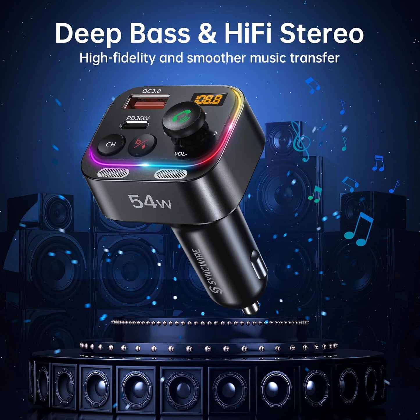 Syncwire Bluetooth 5.4 FM Transmitter Car Adapter 54W (PD 36W & 18W) [Stronger Dual Mics] [Light Switch] [HiFi Bass Sound] [Fast Charging] Wireless Radio Receiver Hands-Free Calling LED Display