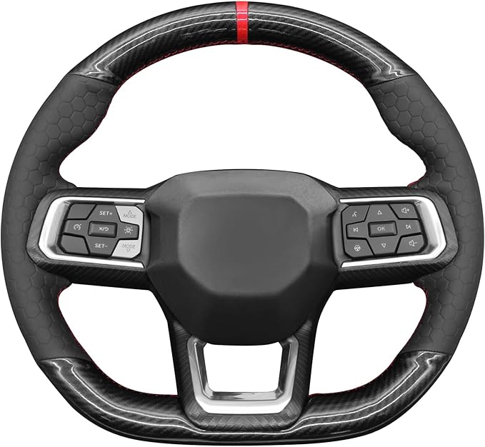 MEWANT Hand Stitch Black Shiny PU Carbon Fiber Embossed Artificial Leather Steering Wheel Cover for Ford Mustang 2024