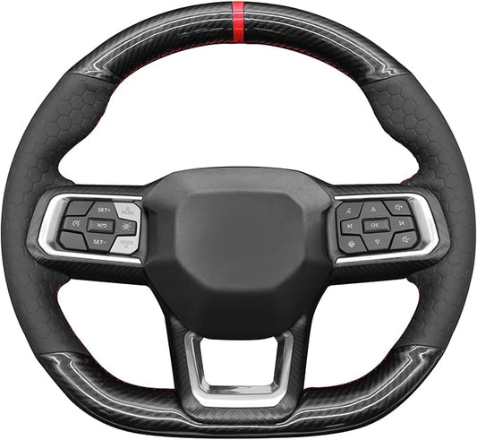MEWANT Hand Stitch Black Shiny PU Carbon Fiber Embossed Artificial Leather Steering Wheel Cover for Ford Mustang 2024