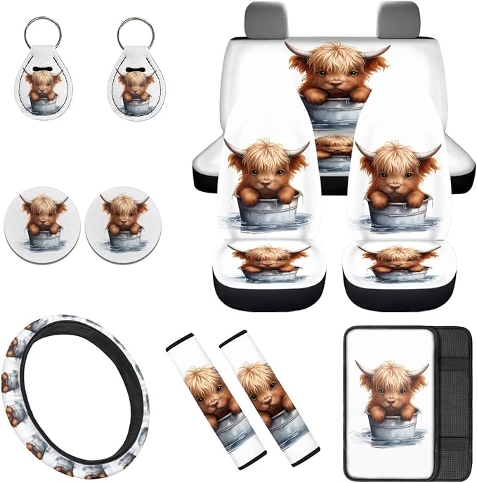Highland Cow 12 Pcs Car Seat Covers Full Set with Auto Steering Wheel Cover Armrest Cushion Protector Seat Belt Covers Automotive Interior Sets Universal Fit for Cars SUV