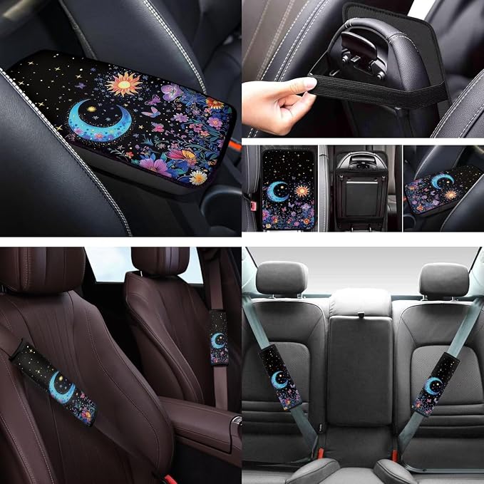 Moon Floral 12 Pcs Car Seat Covers with Steering Wheel Cover,Seat Belt Covers Cup Holder Keychain Holder Elastic Fabrics Universal Fit for Most Cars,SUVs