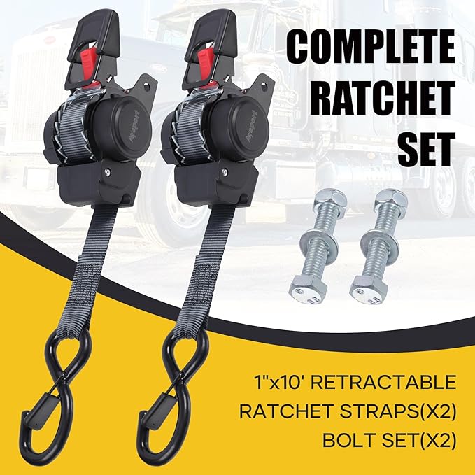 Ayaport Retractable Transom Tie Down Straps 1in X 10ft Tie Down Straps to Trailer- 1500lbs Break Strength, Medium Duty Bolt-on Ratchet Straps for Cargo, Boat, Motorcycles, ATV, 2pk