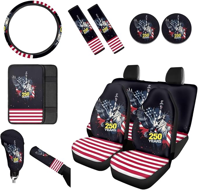 Wanyint Car Seat Cover Full Set 12 PCS, with Steering Wheel Seat Belt Cover Armrest Pad Coasters Handbrake Gear Shift Knob Set 4th of July US 250th Anniversary Auto Decor, Statue of Liberty Eagle