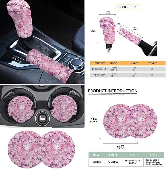 18 Pcs Cute Axolotl Car Seat Cover with Pillow Protector Full Set Universal Armrest Pads Steering Wheel Protector Seat Belt Pads Car Cup Coaster Handbrake Cover and Keychain,Pink
