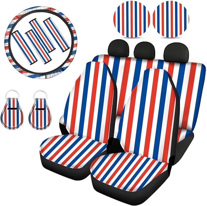 Howilath France Flag Print 13 Pieces Car Accessories Set,Auto Seat Covers Full Set of 4 Pack,Steering Wheel Covers,Seatbelt Pads of 4 Pack,Coasters,Keychains,Universal Fit for Cars Trucks Suvs