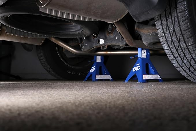 OTC S03 3-Ton Jack Stands - 3-Ton Capacity; 17-11/16" Max. Height; 12" Min. Height; 8-1/4" x 7-1/2" Footprint Square Base; 11 Tooth Ratcheting Adjustment; 1" x 3-1/2" V-Notch Saddle - Pair