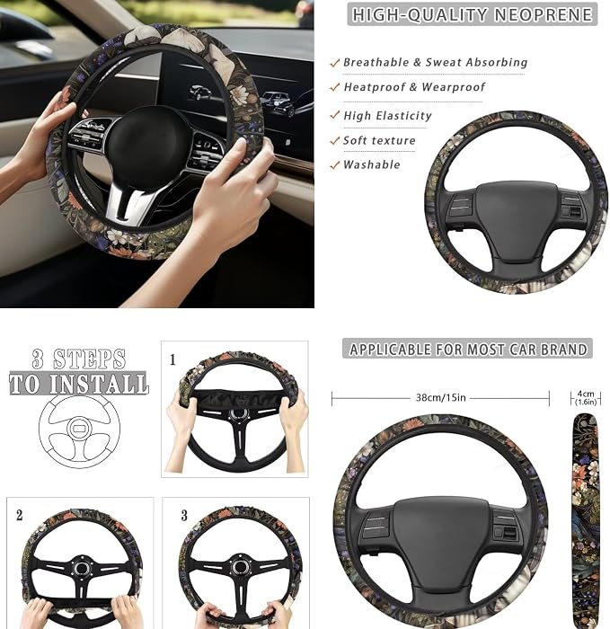 8 Pcs Moon Crow Car Seat Covers Full Set Car Accessories for Women Front Seat Cover Steering Wheel Armrest Cover Seat Belt Cover for Auto SUV Interior Decoration