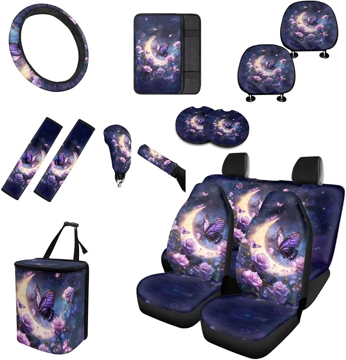 Purple Moon Galaxy Butterfly Car Seat Covers Full Set 15 Pcs Universal Car Accessories Steering Wheel Cover Seat Belt Pads Garbage Bag Car Headrest Pillow Covers Armrest Pad