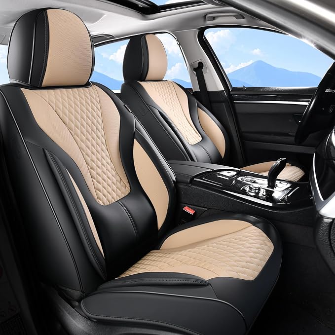 Coverado Waterproof Nappa Leather Car Seat Covers, Automotive Fullset Seat Covers, 5 Seat Car Seat Cushion & Seat Protector, Black&Beige Front and Rear Covers Universal Fit for Most Cars, SUVs, Trucks