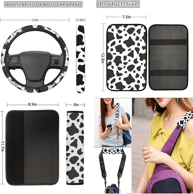 Mumeson Classic Cow Print Car Seat Covers Set with Steering Wheel Cover + Safety Seat Belt Pads + Armrest Cushion Pad for Car 8 Pack Car Accessories Decor for Womens Mens Universal Car Seat Covers