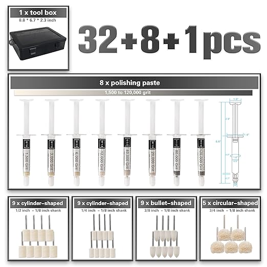 Tryuunion 40 Pcs Diamond Paste Polishing Kit with 32 Grinding Buffing Bits, 8 Oil Based Lapping Compound 1,500- Ultra Fine 120,000 Grit with Box for Metal/Coin/Stone/Jewelry/Ring Polishing