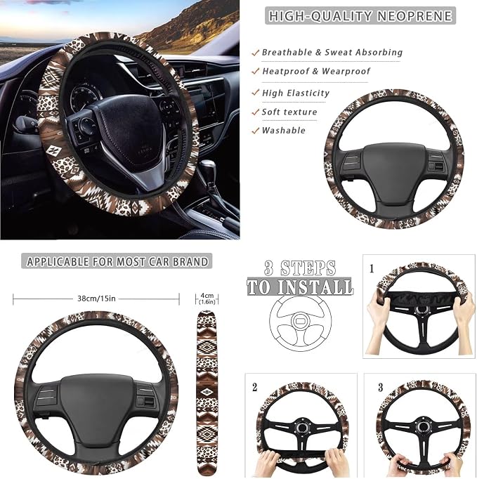 Aztec Tribal Car Seat Covers Full Set of 14 Universal Front and Rear Car Seat Covers with Steering Wheel Cover Center Console Pad Safety Belt Pads for Truck Sedan SUV, Brown