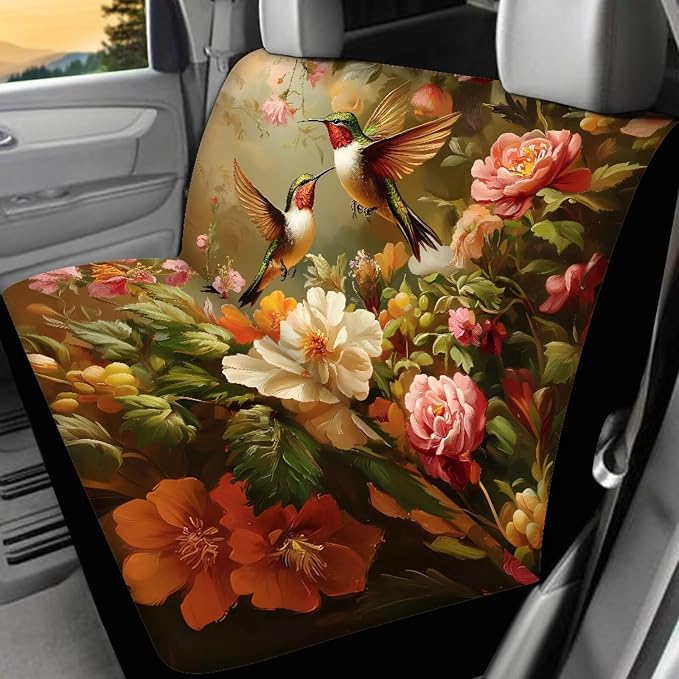 Hummingbird Flower Car Seat Covers Full Set of 17 Pcs,Hummingbird Car Accessories with Steering Wheel Covers Seat Belt Shoulder Pad Keychains Vehicle Interior Seat Mat Cover for Women Gifts