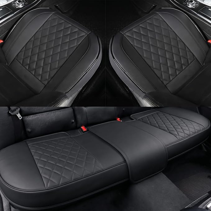 Black Bottom Seat Cover for Cars Front Seats & Back Bench Full Set, Luxury Faux Leather Automative Seat Cushion Cover, Anti-Slip, Waterproof, Universal Fit