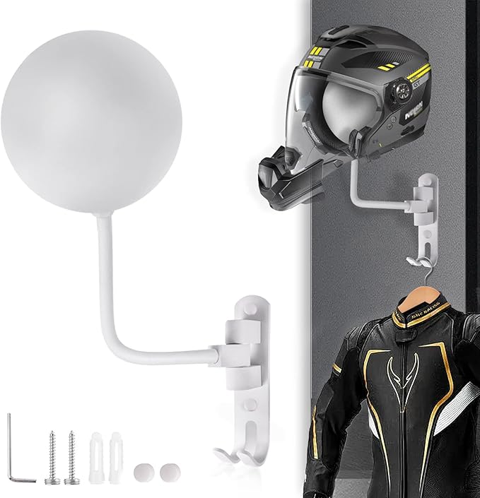 Kikerike Motorcycle Helmet Rack Wall Mount 180 Degree Rotation Metal Armet Holder Bicycle Burgonet Display Hanger Stand with 2 Hooks for Bike Baseball Rugby Helmet - White, 1 Pcs