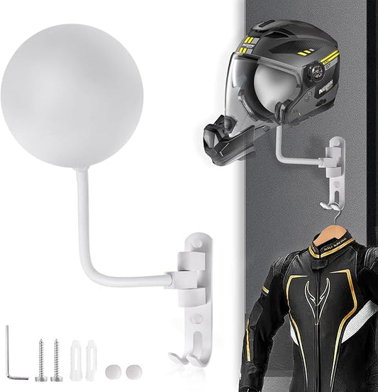 Kikerike Motorcycle Helmet Rack Wall Mount 180 Degree Rotation Metal Armet Holder Bicycle Burgonet Display Hanger Stand with 2 Hooks for Bike Baseball Rugby Helmet - White, 1 Pcs