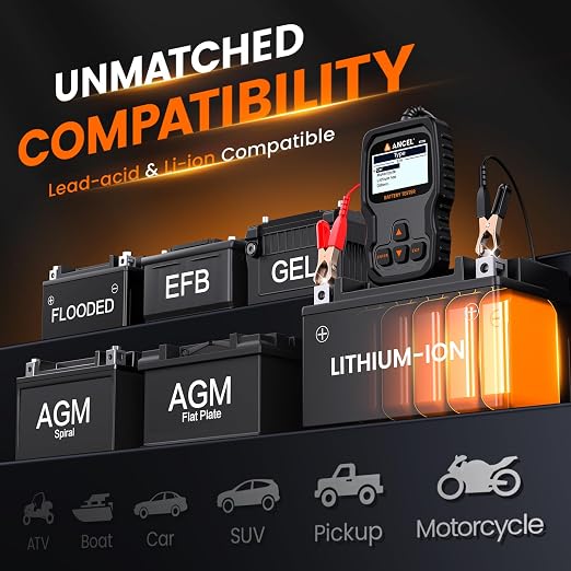 ANCEL BT310 12V 24V Car Battery Tester, Lead-Acid & Lithium Battery Load Tester for 100-2000 CCA, Test Automotive Battery Health, Cranking & Charging System for Car Truck Motorcycle RV ATV Boat & More