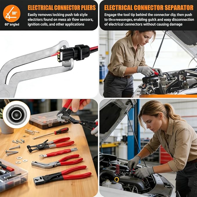 Automotive Electrical Disconnect Pliers Kit 5pc Fuel Line Tool Set Hose Clamp 60° Angled Connector Separator Trim Clip Removal Tools Plug Release & Wire Terminal Remover for Auto Repair