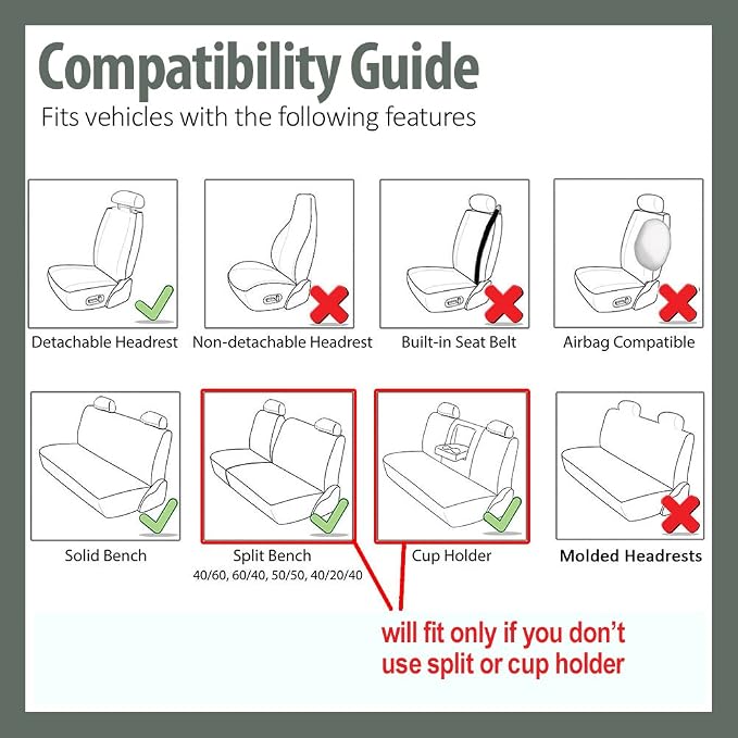 FH Group Automotive Seat Covers Unique Flat Cloth Gray Full Set, Combo Steering Wheel Cover and Seat Belt Pads Rear Solid Bench Universal Fit for Vans Cars Trucks and SUV Interior Accessories