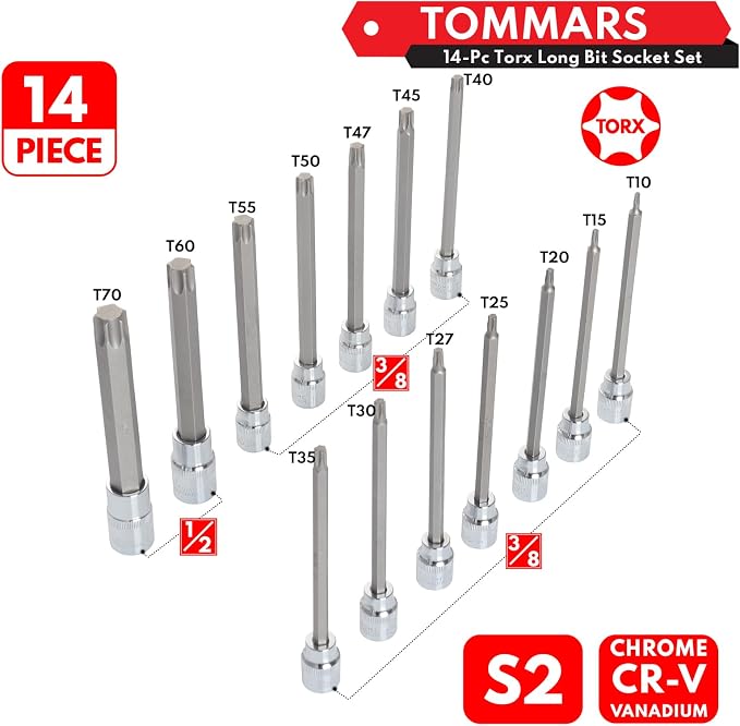 TOMMARS 14-PC Long Torx Bit Socket Set T10-T70 & 60-Pc Master Torx Bit Socket and External Socket Set