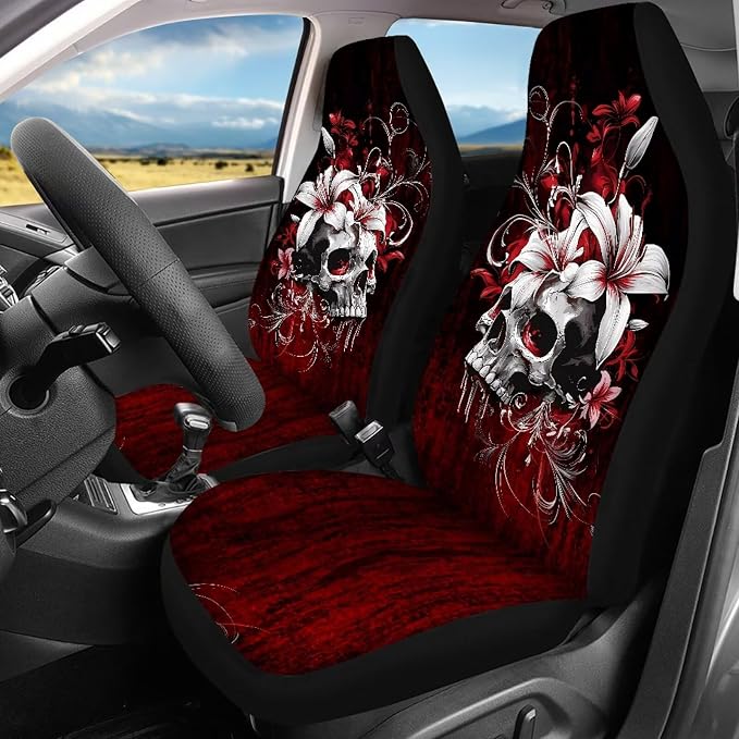 Bloody Hibiscus Skull Car Seat Cover Full Set of 13, with Front & Rear Seats, Seat Belt Covers, Armrest Covers, Keychains, Coasters, Universal Fit for SUV Trucks Sedan