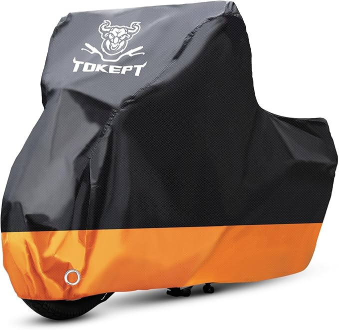 Motorcycle Cover, All-Season Waterproof Outdoor Sun Protection Fit up to 96 Inch Harley-Davidson Honda Suzuki Kawasaki Yamaha (XL Back&Orange)