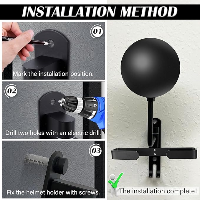 Motorcycle Helmet Rack Wall Mount Bike Helmet Holder Mount Bicycle Helmet Display Hanger Stand with 2 Hooks Motorcycle Accessories for Baseball Rugby Helme