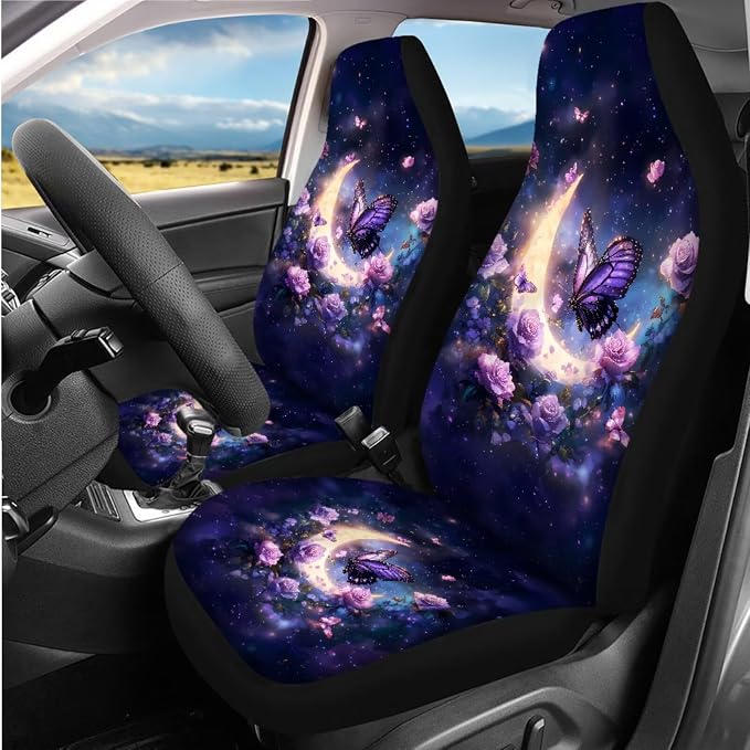 8 Pcs Purple Butterfly Rose Car Interior Accessories Set for Women, Car Seat Covers, Auto Steering Wheel Cover, Auto Center Console Pad, Seat Belt Covers