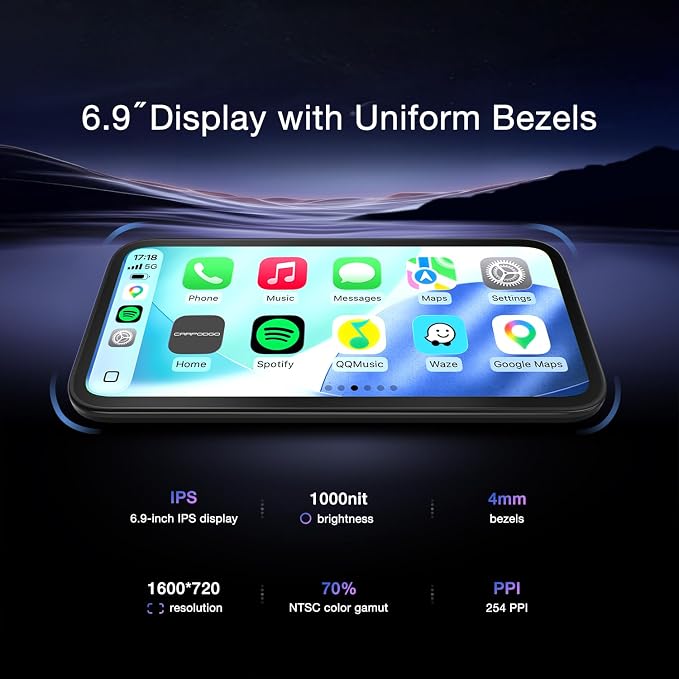 CarpodGo Mini 6.9″ CarPlay Screen for Car,Equal-Bezel Rounded Display,1000-nit Brightness,Portable 60fps Wireless Apple Carplay,Display-Only BT Mode,Compatible with MagSafe Magnetic Mounts