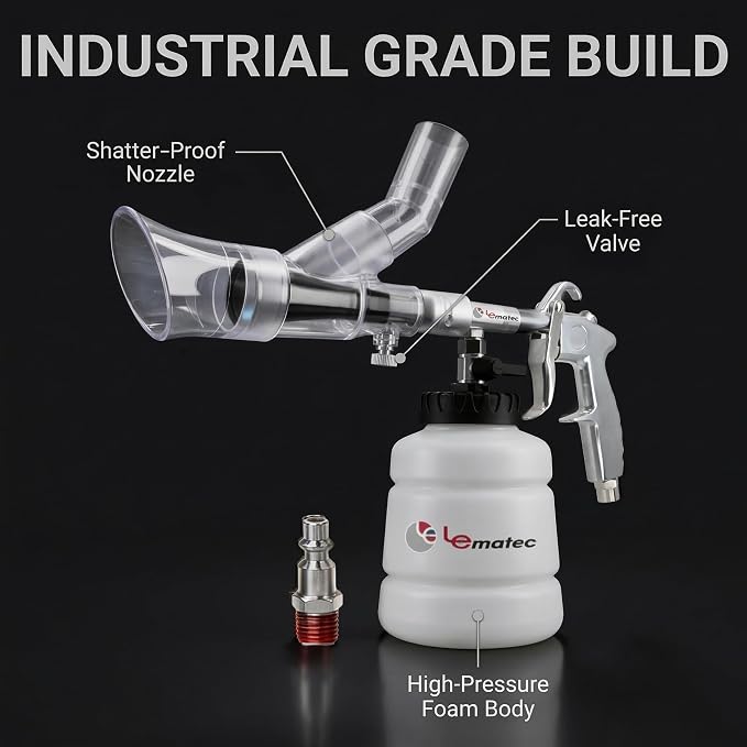 LE LEMATEC Air Tornador Car Detailing Gun & Upholstery Extractor Kit | Interior carpet vent cleaner, foam bottle, vacuum attachment, 3000 RPM, 90 PSI, 1/4" NPT compressor